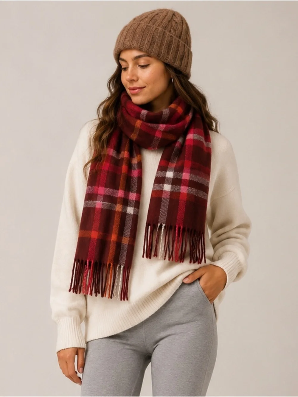 V. FRAAS Red Pink Brown Plaid Scarf Winter Wrap OS
